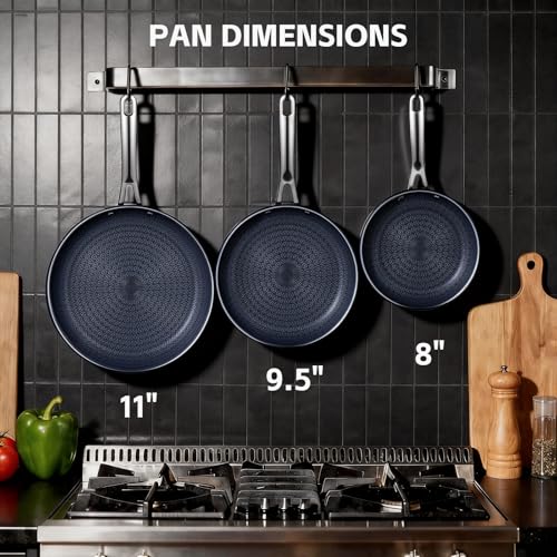 Ammeloo Hybrid Tri-Ply Stainless Steel Frying Pan Set, 8"/9.5"/11" Cooking Pans, Non Stick Frying Pans and Skillets, Chef Pan, Non Toxic, Dishwasher Safe, Induction Compatible, Blue Interior