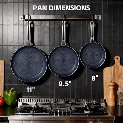 Ammeloo Hybrid Tri-Ply Stainless Steel Frying Pan Set, 8"/9.5"/11" Cooking Pans, Non Stick Frying Pans and Skillets, Chef Pan, Non Toxic, Dishwasher Safe, Induction Compatible, Blue Interior