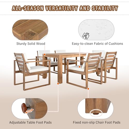 Hlcodca 7 Piece Patio Dining Table Set with Umbrella Hole, Outdoor Acacia Wood Furniture Set with Removable Cushion for Garden, Backyard, Lawn, Poolside (Beige,Light Teak)
