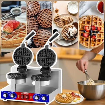 HTTSICHI Commercial Belgain Waffle Maker - Rotating Double Waffle Maker w/Non-stick and 1.2 in Thick, Filp Belgian Waffle Machine w/ 122-572℉ Temp Range and Timer, Stainless Steel Waffle Iron, 2400W