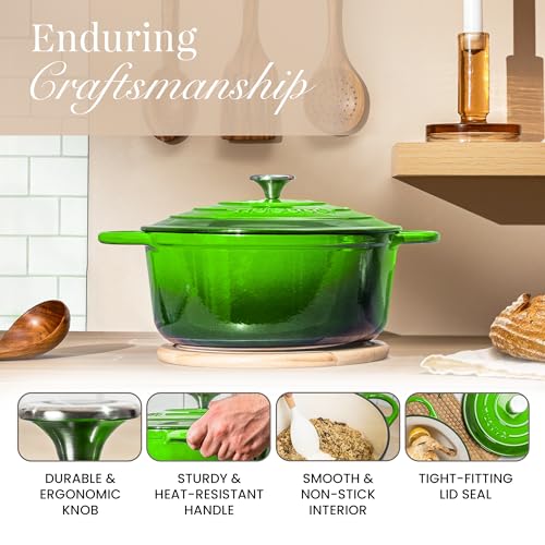 Cast Iron Dutch Oven with Lid - Non-Stick Ovenproof Enamelled Casserole Pot- Sturdy Dutch Oven Cookware - Green, 3.1- Quart, 22cm-by Nuovva