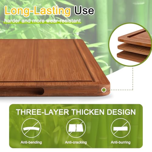 Homaxy Bamboo Cutting Board for Kitchen Set of 3, Wooden Cutting Boards with Non-Slip Mat Deep Juice Groove and Built-In Handles, Wood Chopping Board Set for Meat Fruits & Vegetables