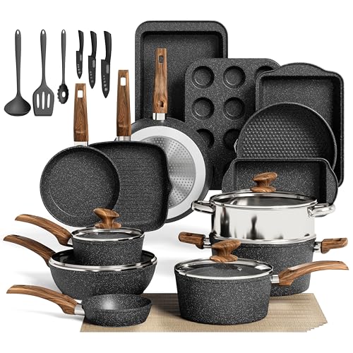 MAISON ARTS 30 Piece Pots and Pans Set Non Stick, Kitchen Cookware & Bakeware Sets with Nonstick Granite Coating, Baking Tray, Frying Pan and Saucepan, Black