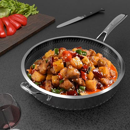 CATHYLIN 316L Stainless Steel 8QT Frying Pan Hexagon Nonstick Wok with Lid,Single Handle to Hold, PFOA Free, Dishwasher Oven Safe (8QT/Single Handle)