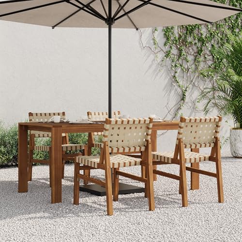 Christopher Knight Home Balew Acacia Wood Patio Dining Set for 4, Solid Wood Outdoor Dining Table Set for 4, 5 Piece Outdoor Dining Set with Rectangular Table and Woven Rope Accents, Teak+Beige