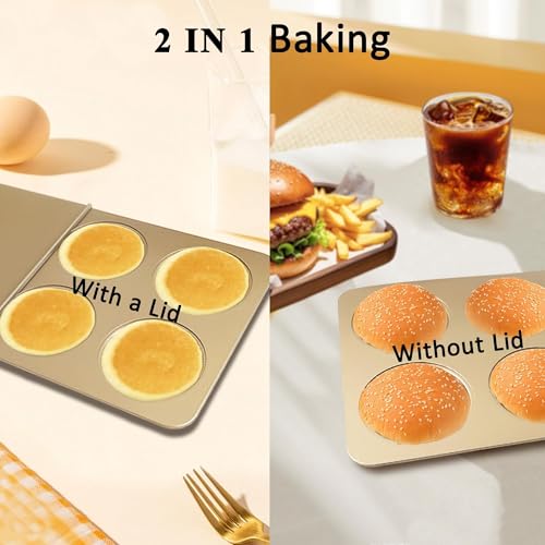 JSJMOFA 6 Cup English Muffin Pan with Sliding Lid, Nonstick Carbon Steel Hamburger Bun Mold, 2-in-1 Proof & Bake Pan for Breakfast Egg Sandwiches, Quiches, and Meal, 3.35 Inch Cavities