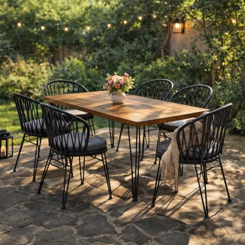 Christopher Knight Home Tavon Acacia Wood Patio Dining Set for 6, Rectangular Patio Dining Table and Faux Rattan Chairs Set of 6, 7 Piece Outdoor Dining Set with Cushion and Iron Frame, Teak+Gray