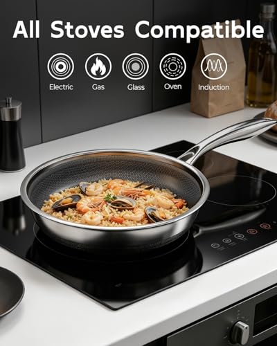 FogDream 12 Inch Nonstick Frying Pan with Lid, Honeycomb Hybrid Stainless Steel Skillet, Tri-Ply Induction Compatible, Non Toxic Frying Pan, Oven Safe, Dishwasher Safe, Silver