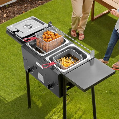 VEVOR Outdoor Propane Deep Fryer, Double Burners Commercial Fryer, 16 Qt Stainless Steel Cooker with Removable Baskets & Lids & Tanks, Oil Fryer Cart with Thermometer & Regulator, For Outdoor Cooking