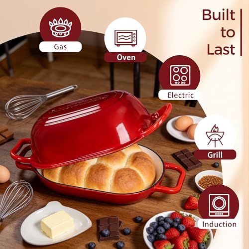 GdnWings Oval Dutch Oven for Bread Baking, 12 x 8 Inch Cast Iron Bread Oven for homemade bread, Sourdough Dutch Oven Bread baking Pan for a Crispy Crust, 5QT, Cherry