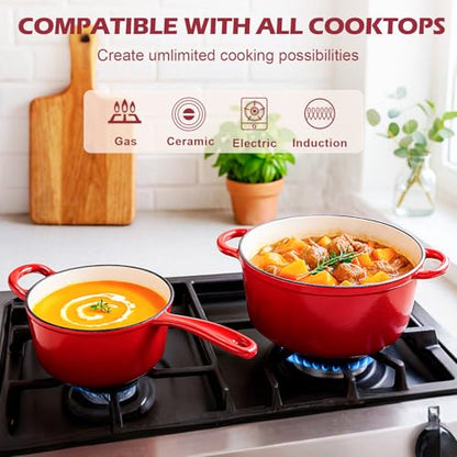 Hisencn Enameled Cast Iron Cookware Set - 2 PC Set of 5.5QT Dutch Ovens, 2QT Sauce Pan, Dutch Oven Set, Ceramic Coated Cast Iron, Heavy Duty, Gas/Induction Compatible,Red