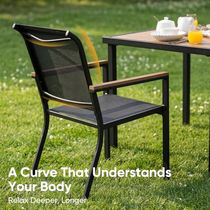 NATURAL EXPRESSIONS HDPS Patio Outdoor Table and Chairs Set for 4, Patio Dining Set with 4 Textilene Chair and 36” Square Fauxwood Patio Table with Umbrella Hole for Garden, Backyard, Deck (Black)
