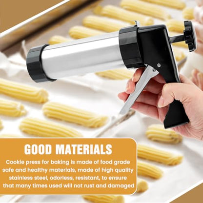 Stainless Steel Cookie Press Gun – 13 Discs & 8 Piping Tips for Baking & Decorating | Ideal for DIY Spritz Cookies, Cakes & Desserts – Perfect for Home Bakers & Dessert Lovers