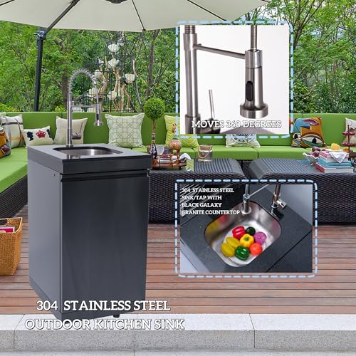 85" Commercial Outdoor Kitchen Grill Island with 4 Burner 72000 BTU BBQ, Stainless Steel Sink, Wine Cooler Fridge, Rotisserie & Granite Countertops, Black