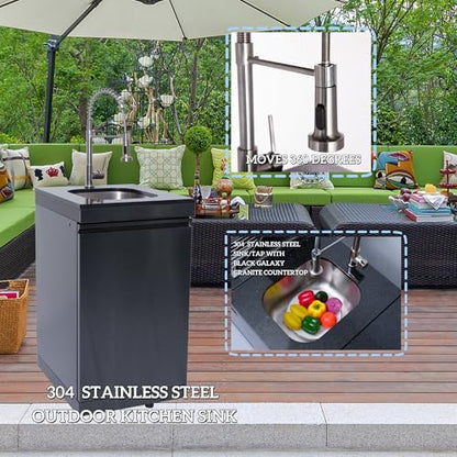 85" Commercial Outdoor Kitchen Grill Island with 4 Burner 72000 BTU BBQ, Stainless Steel Sink, Wine Cooler Fridge, Rotisserie & Granite Countertops, Black