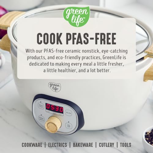 GreenLife 6QT Slow Cooker, Non-Toxic PFAS-Free Ceramic Nonstick Removable Interior Bowl, Programmable, Family Friendly, Keep Warm, Stovetop & Oven Safe, Dishwasher Safe Crock, Timer, Glass Lid, Cream