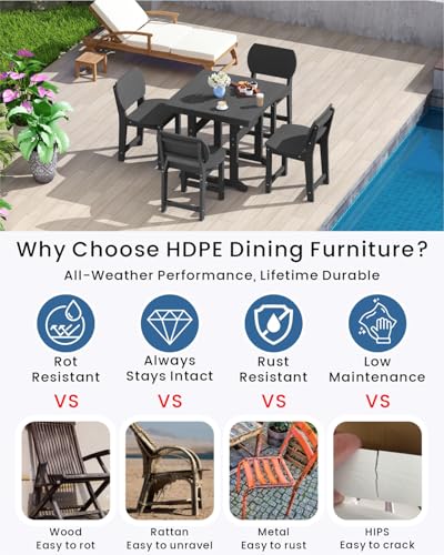 BIVODA 5-Piece HDPE Outdoor Dining Set, Weatherproof Patio Table and Chairs Set for 4, Includes 1 Square Table and 6 Armless Chairs, with Umbrella Hole (Black)