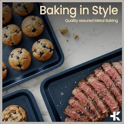 Diamond Bottom Cookie Sheet Set of 2, Nonstick Blue Carbon Steel Baking Pans for Crisp Baking, Space-Saving Stackable Trays, PFOA, PFOS, PTFE Free, Oven Safe Up to 450°F, Small & Medium Pans