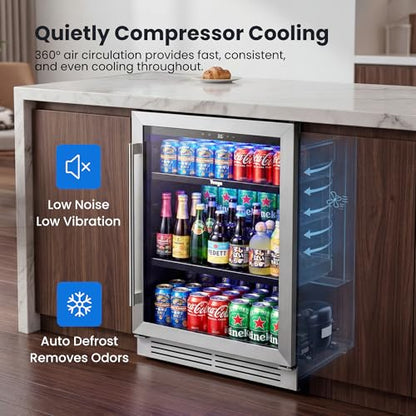 Yeego Beverage Refrigerator & Drink Fridge - 24 inch 180 Cans Beer Cooler Glass Door, 34-54℉ Under Counter Refrigerator Built-in for Drink Soda Wine for Bar Office Bedroom
