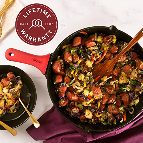Cuisinel 15" Cast Iron Skillet + Glass Lid Cover + Pan Scraper + Heat-Resistant Silicone Handle Grip - Pre-seasoned Oven-Safe Kitchen Cookware - Indoor/Outdoor - Camping, Grilling, BBQ, Oven Safe
