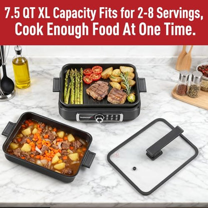 Slow Cooker, Techwood 1500W Electric Skillet 7.5-Quart Extra-large Capacity Multi-Cooker with 5-Level Heat Settings, Come with Non-stick Skillet Pan & Cooking Pot, Dishwasher Safe, Black