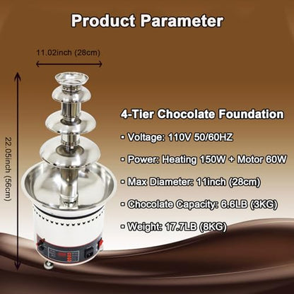 INTBUYING Chocolate Fountain, 4 Tier Electric Chocolate Fountain Machine, Stainless Steel Hot Fountain Machine, 110V for Melting Heating Chocolate, Cheese, Dipping Strawberries, Vegetables
