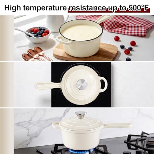 1Qt Enameled Cast Iron Sauce Pan, Leonyo Dutch Oven Pot with Lid, Non Stick Cooking Simmer Pots Induction Kitchen Cookware for All Cooktops Baking Bread, Soup, Ramen - Up to 500°F, Cream White
