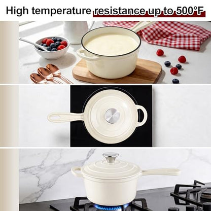 1Qt Enameled Cast Iron Sauce Pan, Leonyo Dutch Oven Pot with Lid, Non Stick Cooking Simmer Pots Induction Kitchen Cookware for All Cooktops Baking Bread, Soup, Ramen - Up to 500°F, Cream White