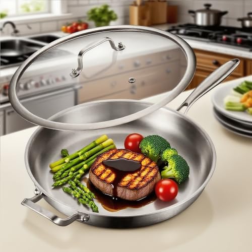DELARLO Tri-Ply Stainless Steel Pan, 18/10 Frying Pan, Oven Safe Up to 600°F, Nontoxic Cookware, Compatible with All Cooktops Skillet, Durable, Fast Even Heat Fry Pan,Large 14.2 Inch Frying Pan