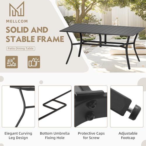 MELLCOM 7-Piece Outdoor Dining Set, 6 Swivel Rocker Chairs with High Back Textilene & Rectangular Metal Dining Table with Umbrella Hole, Patio Furniture Set for Porch, Deck, Brown
