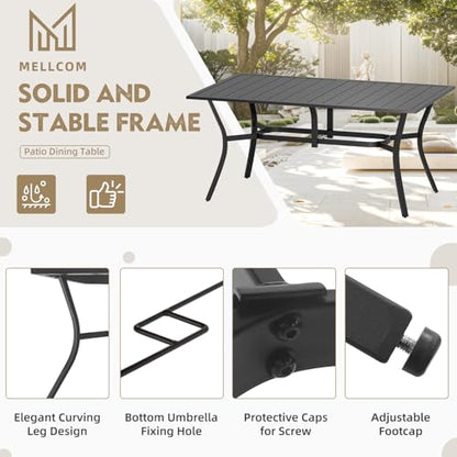 MELLCOM 7-Piece Outdoor Dining Set, 6 Swivel Rocker Chairs with High Back Textilene & Rectangular Metal Dining Table with Umbrella Hole, Patio Furniture Set for Porch, Deck, Brown