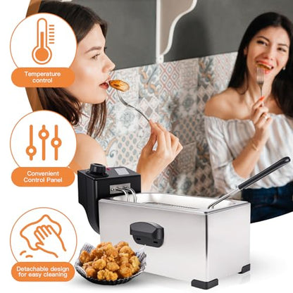 Electric Deep Fryer with Basket, 2500W 304 Stainless Steel Deep Fryer, 3.2 Qt (3.0L) Adjustable Temperature Electric Fryer for Home, Party & Holiday Cooking