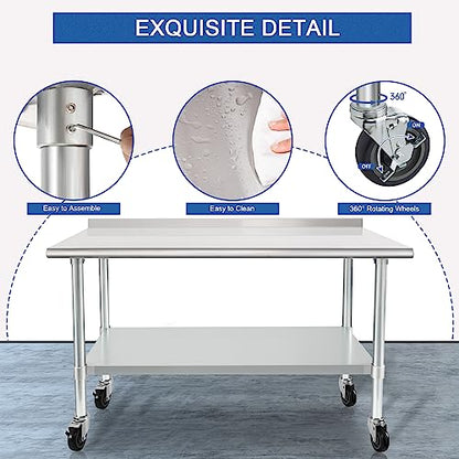 HARDURA Stainless Steel Table 24 x 48 Inches with Wheels Casters NSF Heavy Duty Commercial Prep Table with 2” Backsplash and Adjustable Undershelf for Restaurant Kitchen Home and Hotel