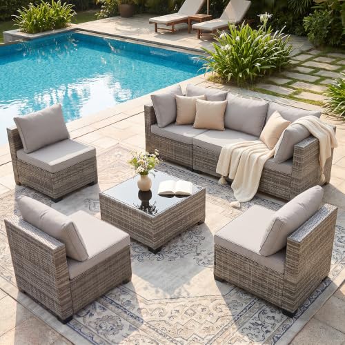 BJROESUW 7 Piece Patio Furniture Set, Outdoor Wicker Sectional Sofa Set