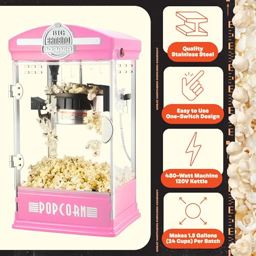 Big Bambino Popcorn Machine - Old-Fashioned Popcorn Maker with 4-Oz Kettle, Measuring Cups, Scoop, and Serving Cups by Great Northern Popcorn (Pink)