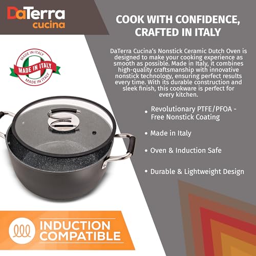 DaTerra Cucina – 8 Qt Nonstick Ceramic Dutch Oven with Lid – Large Oven Safe Stock Pot, Induction Compatible, Lightweight, Lead & PFOA Free, Volcanic Black, Durable Nonstick Cookware – Made in Italy
