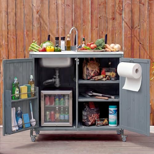 LUMISOL Outdoor Grill Cart with Stainless Steel Top, Farmhouse Outdoor Rolling Kitchen Island with Sink, Hose Hook Up & Faucet, 39.4" Kitchen Table with Back Splash & 4 Wheel, Grey+Blue