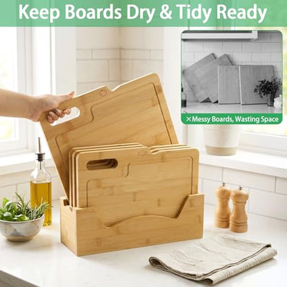 ZENFUN 4 Pack 12.5"L x 9.8"W Bamboo Cutting Boards with Holder, Wood Cutting Board Set, Chopping Boards Set with Food Icons, Kitchen Cutting Board Ideal for Meat, Fish, Bread, Vegetable, Fruit