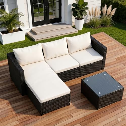 Shintenchi Outdoor Sectional Patio Furniture Set 4-Piece, All-Weather PE Rattan Sofa Couch with Cushions & Storage Coffee Table for Yard, Garden, Porch, Poolside (Beige)