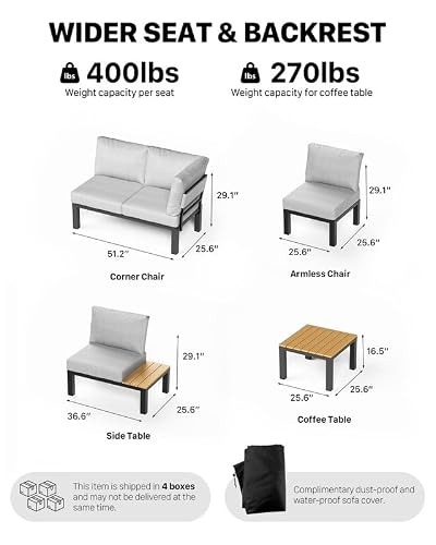 ZANDOR 7 Pieces Aluminum Outdoor Patio Furniture Set, Movable Backrest Modular Sectional Sofa Set, Metal Conversation Set with 4-inch Thick Cushion for Garden Backyard Porch, Grey