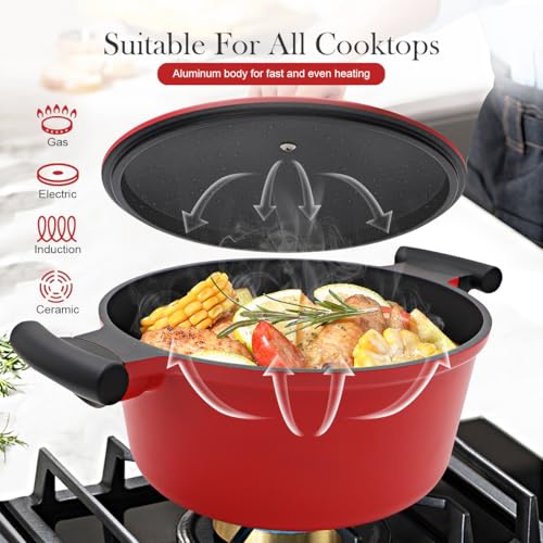 Bobikuke 3 Qt Lightweight Dutch Oven Pot with Lid, Small Aluminum Dutch Oven Nonstick, Cooking Pot for Stew Braise Simmer and Fry, Induction Pots for All Stoves, Stay-Cool Handle, PFOA Free, Red
