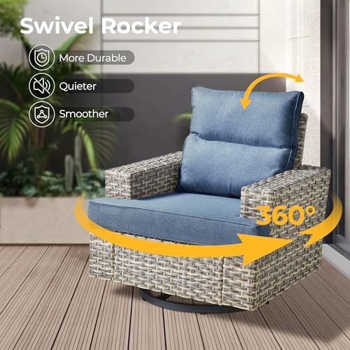 HOOOWOOO Sectional Patio Furniture Set with Fire Pit Table,17 Pieces Wicker Outdoor Furniture L Shaped Couch,Outside Conversation Set Extra Deep Sofa Wide Arm Swivel Chairs Ottoman Light,Denim Blue