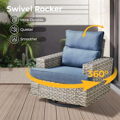 HOOOWOOO Sectional Patio Furniture Set with Fire Pit Table,17 Pieces Wicker Outdoor Furniture L Shaped Couch,Outside Conversation Set Extra Deep Sofa Wide Arm Swivel Chairs Ottoman Light,Denim Blue