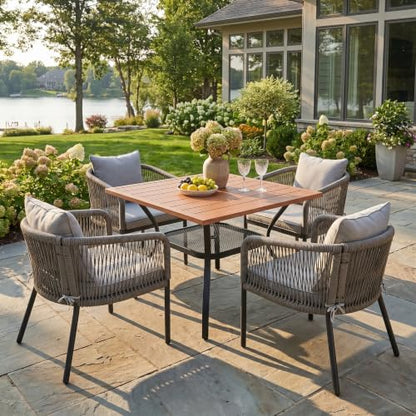 DIFY 5 Piece Patio Dining Set, 38" Square Table & Wicker Chairs, Walnut