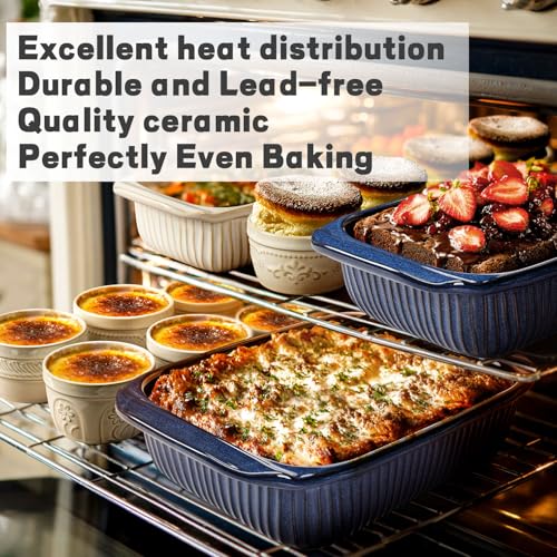 Artena Casserole Dishes For Oven, Ceramic Baking Dish, Large Lasagna Pan With Handles, Baking Pan Casserole Dish, Rectangular Bakeware Deep, Set Of 3 (5.1Qt/2.3Qt/1.1Qt) (Blue - Baking Dish With Lids)