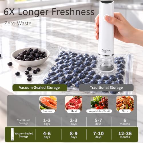 Vieyorn 60kPa Compact Food Vacuum Sealer Kit with 30 Reusable Bags-10S/M/L