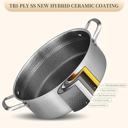 Inqibee 5 QT Hybrid Nonstick Saute Pan with Lid, Tri-Ply Stainless Steel 12 Inch Deep Frying Pan Cookware, PFOA & PFOS Free, Induction Compatible, All Cooktops, Oven & Dishwasher Safe
