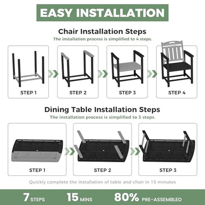 SUUNYN HDPE Outdoor Dining Set, Patio Table and Chairs Set, All-Weather 7-Piece Outside Table and 6 Chairs, 2" Umbrella Hole, Outdoor Furniture for Garden, Poolside, Backyard, Deck | Black