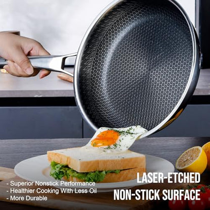 EvoFar 10 Inch Hybrid Nonstick Frying Pan, Stainless Steel Pan Non Stick Skillet, PFOA Free Cookware, Non Toxic Chef's Pan, Compatible with Electric, Gas and Induction, with Lid