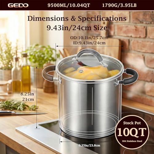 GEDO Food-Grade 304 Stainless Steel Stock Pot, Thickened Cooking Pot with Tempered Glass Lid, Heat-Resistant Handles, Fits All Stovetops for Soup Stew Canning, Dishwasher Safe (10, Quarts)